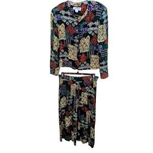 Norton McNaughton 90s Vintage Womens 14 Batik Green Multicolor 2 Piece Skirt Set
